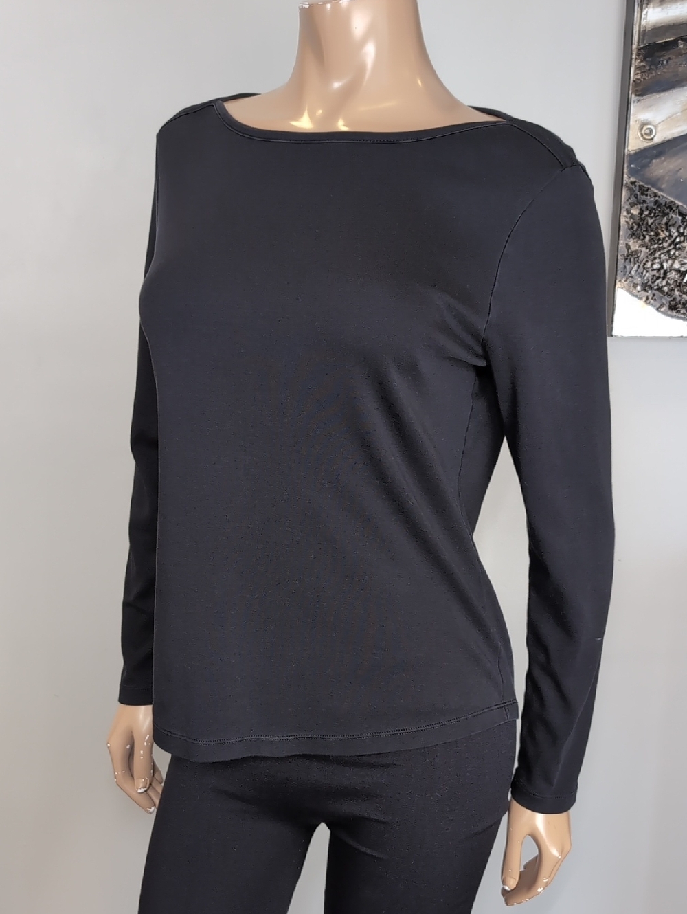 LL Bean Womens Supima Cotton Tee Long Sleeve Boat Neck Tshirt Black Size Medium - Picture 4 of 10